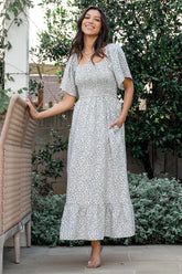 Cassis Smocked Midi Dress | Ivory + Black Floral - Baltic Born